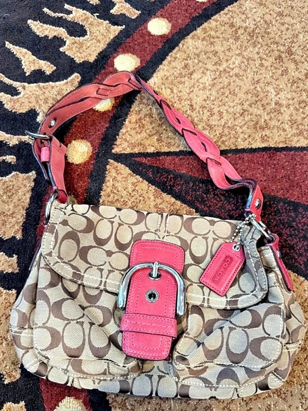 Coach Soho Signature Buckle Flap Shoulder Bag Brown & Pink